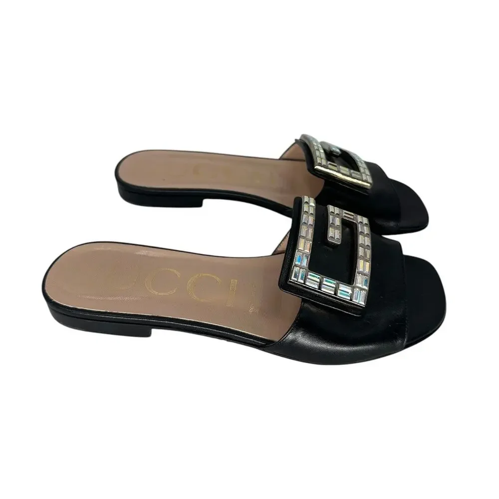 Gucci Leather Madelyn Crystal G Logo Slide Flats Sandals Black Size 36.5